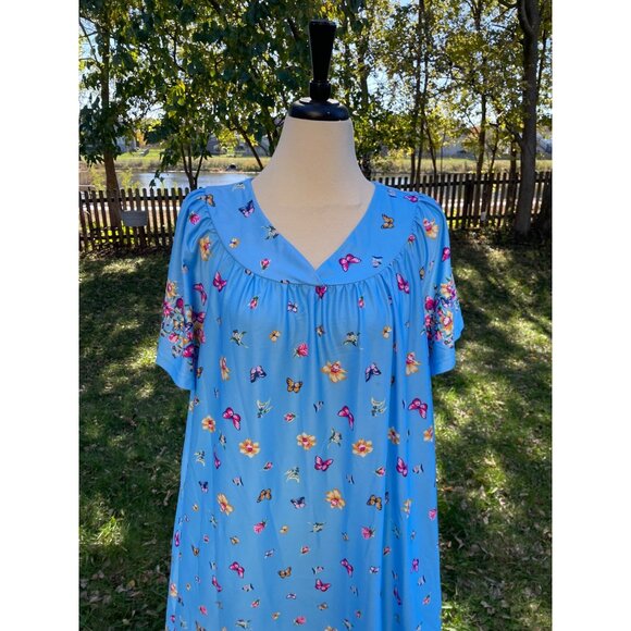 Blue Floral Butterfly Print Short Sleeve House Dress 1X By Metropolitan 100% Pol - Picture 2 of 9